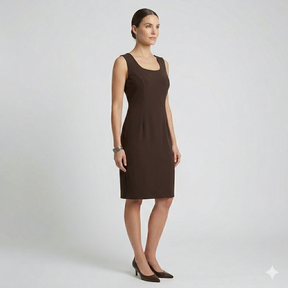 Vtg Mary McFadden Collection Brown Sleeveless Sheath Dress Square Neck Size 8